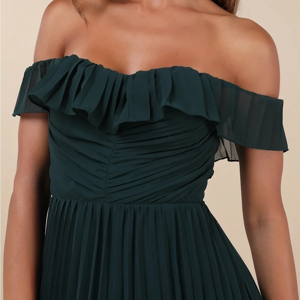 Always Remarkable Emerald Pleated Off-the-Shoulder Maxi Dress - Picture 5 of 10